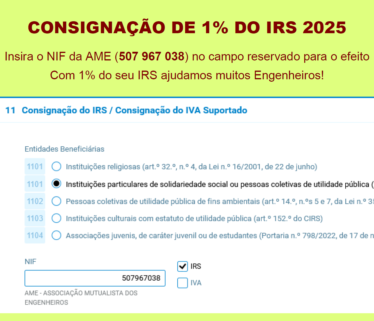 Reverta 1% do seu IRS a favor da AME